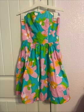 Lilly Pulitzer Strapless Floral Cotton Dress in Teal, Pink & Green